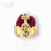 Gold crown with colorful gemstones on a white background, branded 'Crowns & Regalia'.